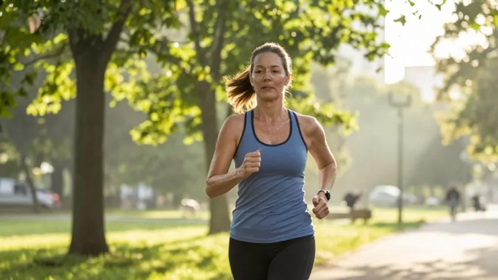 Mujer de mediana edad trotando con energía por un parque urbano durante el amanecer.