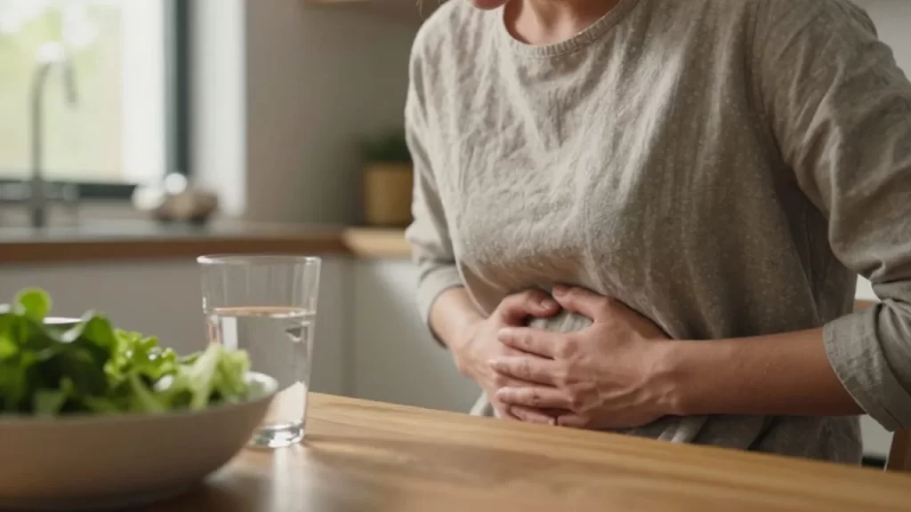 Persona sentada en una cocina luminosa con las manos en el abdomen expresando molestia.