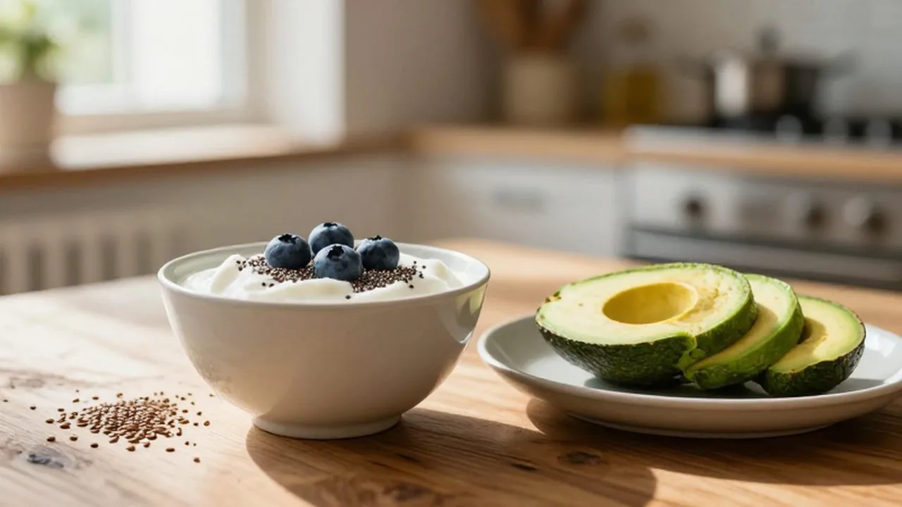 Cuenco de yogur con arándanos y semillas junto a un aguacate rebanado sobre una mesa de madera.