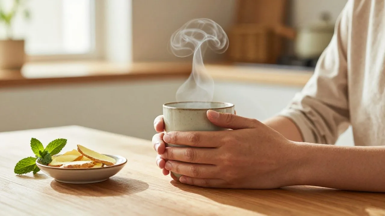 Persona relajada sosteniendo una taza humeante en una cocina iluminada por el sol.