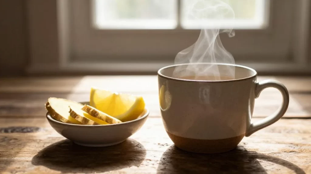 Taza de té herbal humeante junto a rodajas de jengibre y limón sobre una mesa de madera.