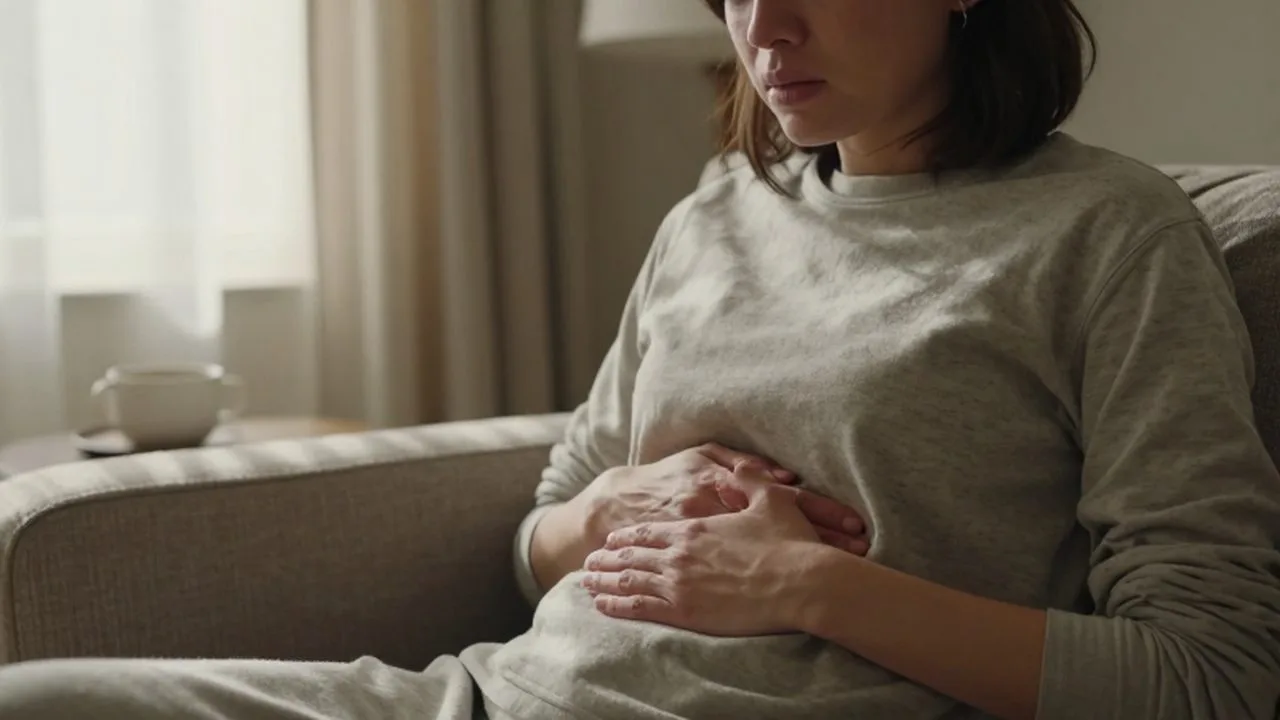 Mujer sentada en un sofá con las manos en el abdomen y expresión de malestar.