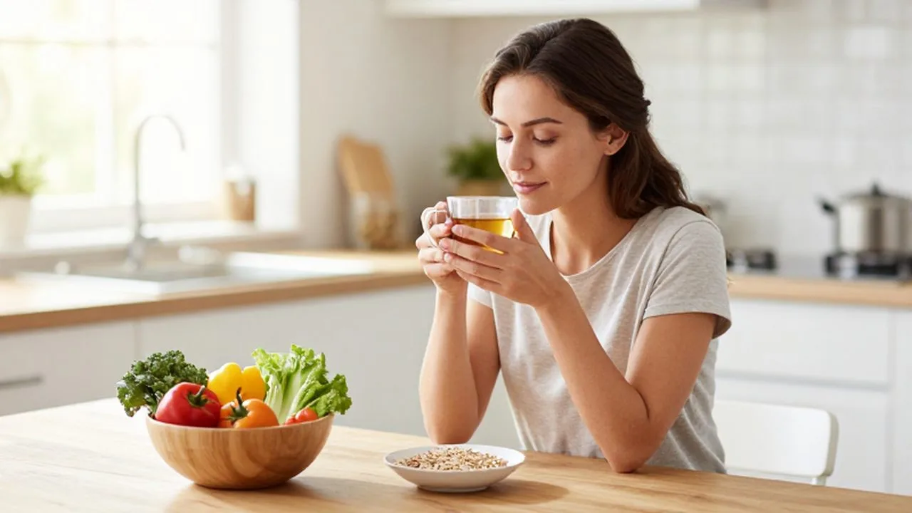 Mujer serena sentada en una cocina luminosa sosteniendo una taza de té junto a alimentos saludables.