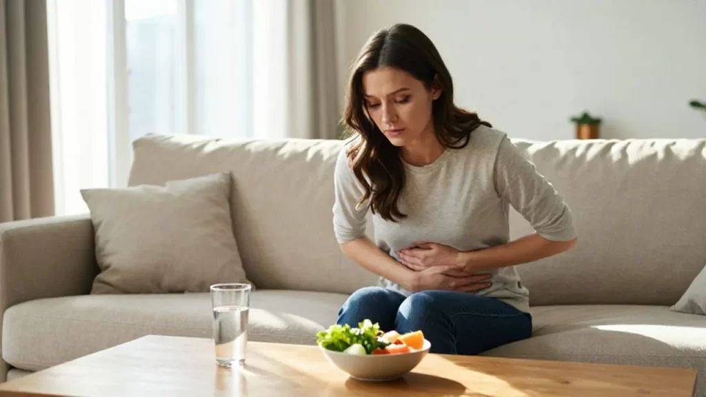 Mujer sentada en un sofá con expresión de malestar estomacal frente a un cuenco de vegetales.
