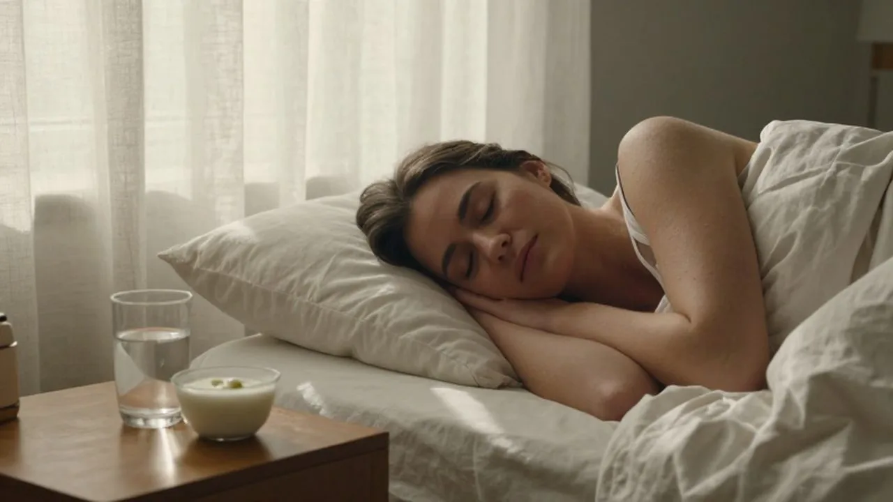 Mujer durmiendo plácidamente en una habitación iluminada por el sol con un desayuno ligero junto a su cama.