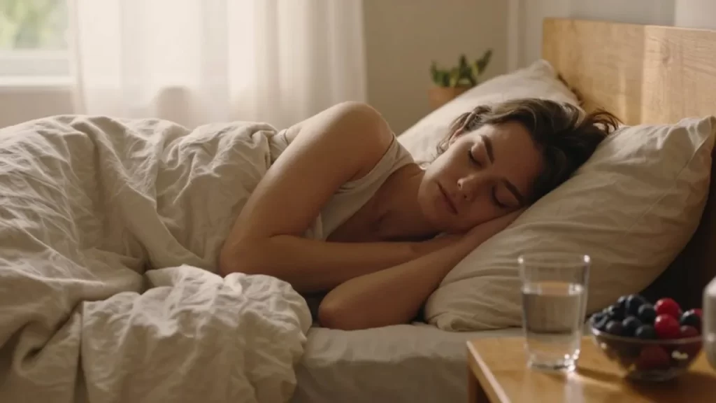Mujer durmiendo plácidamente en una cama acogedora con luz natural y frutas frescas en la mesita.