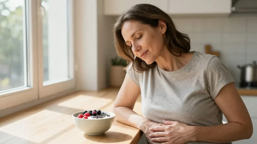 Mujer de mediana edad con expresión de alivio desayunando yogur con frutas en una cocina iluminada.
