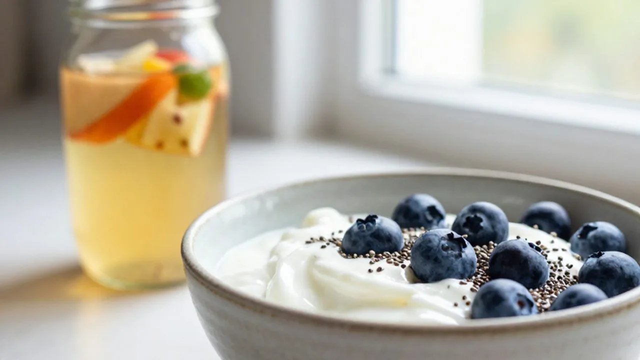 Bol de yogur griego con arándanos y semillas de chía junto a un frasco de kombucha.