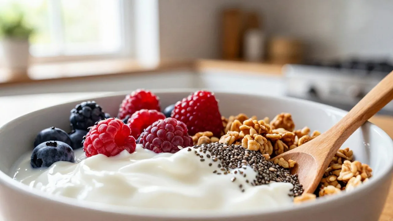 Bol de yogur griego con bayas frescas, semillas de chía y granola bajo luz natural.