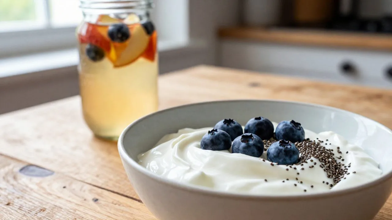 Bol de yogur griego con arándanos y semillas de chía junto a un frasco de kombucha.