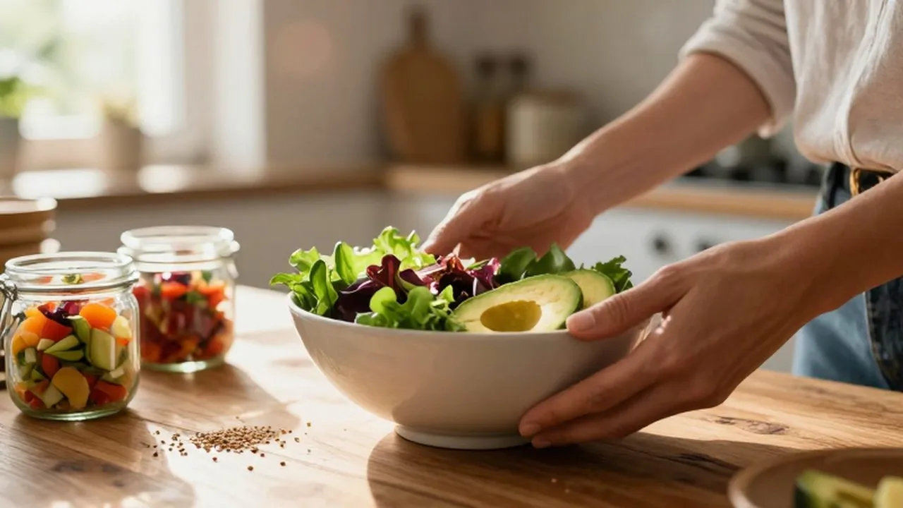 Manos preparando un bol mediterráneo con aguacate, vegetales fermentados y semillas sobre una mesa de madera.