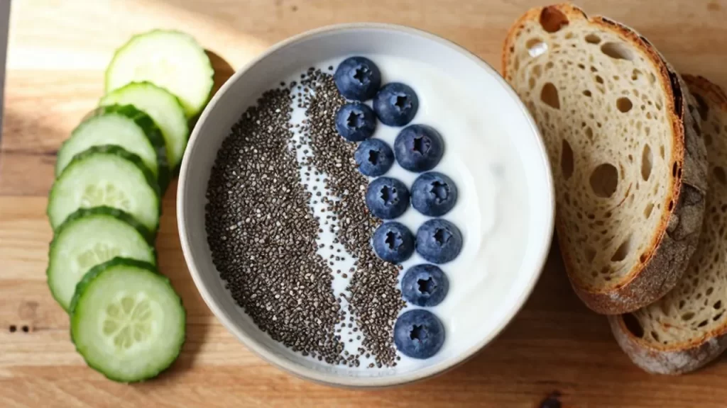 Yogur con arándanos y semillas de chía acompañado de pepinos y pan artesanal sobre madera.