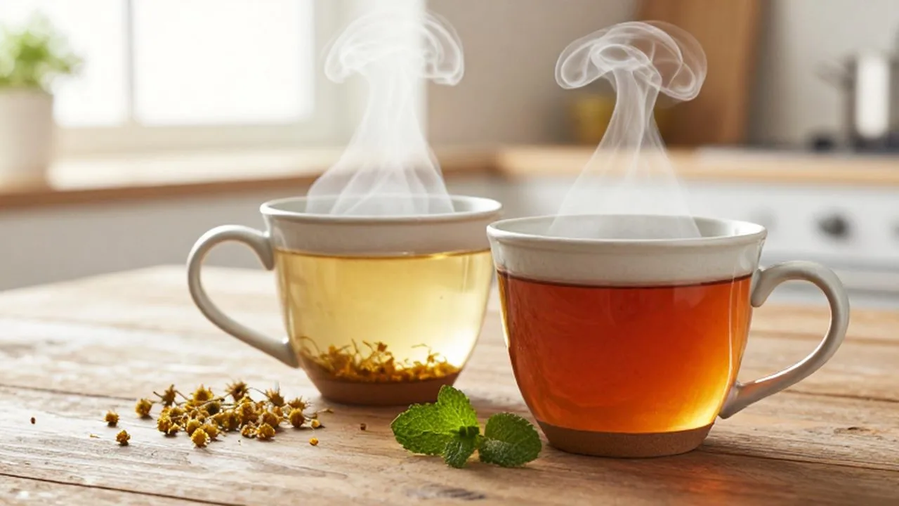 Dos tazas de cerámica con infusiones calientes sobre una mesa de madera con flores de manzanilla.