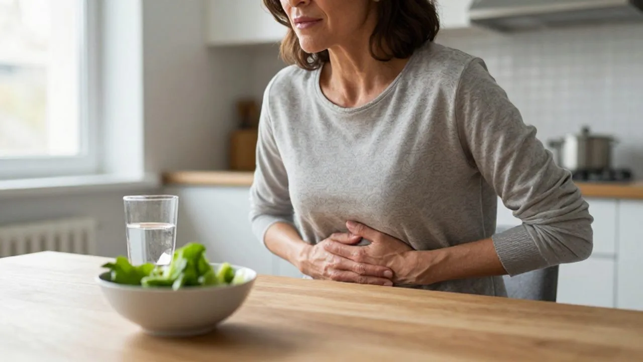 Mujer de mediana edad sentada a la mesa con la mano en el abdomen mostrando incomodidad.