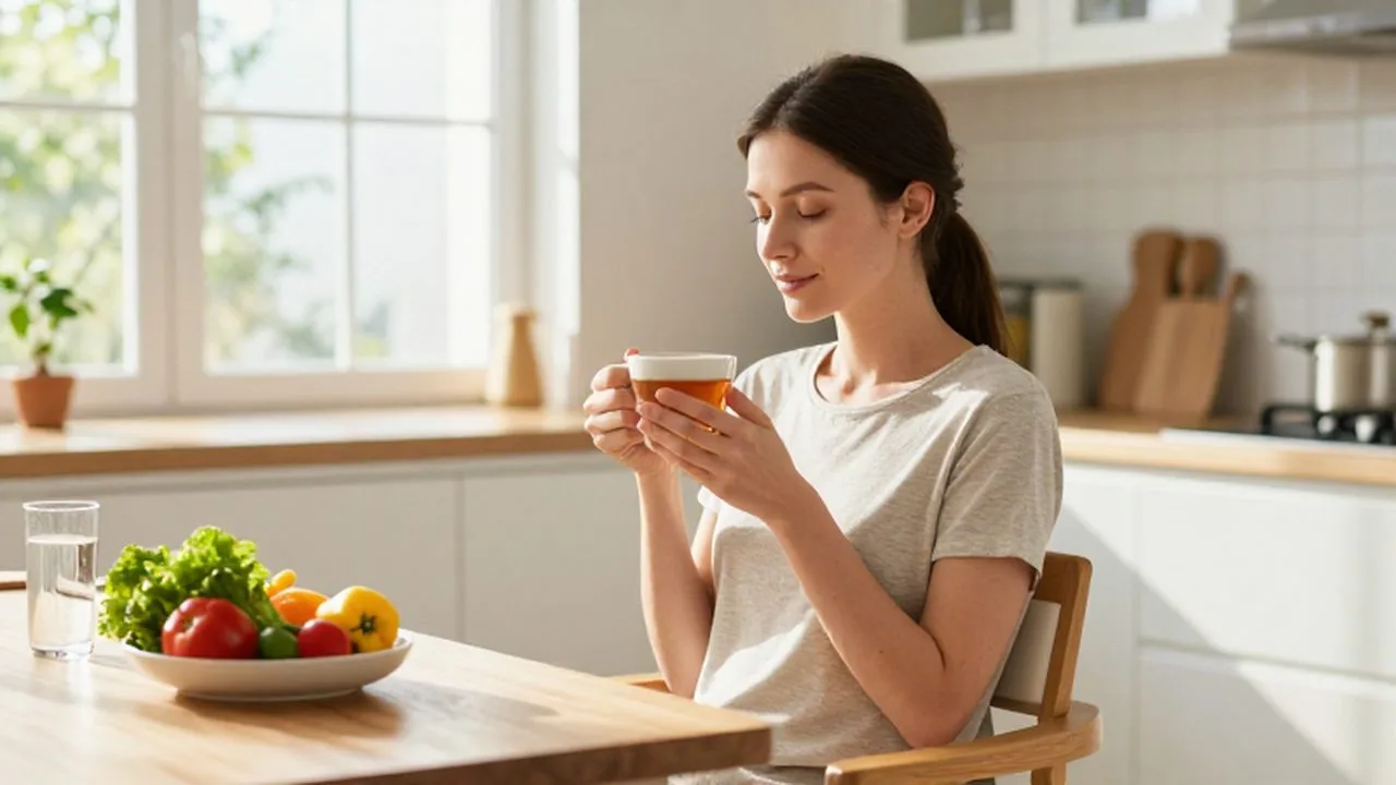 Mujer tranquila sentada en una cocina luminosa disfrutando de una taza de té caliente.