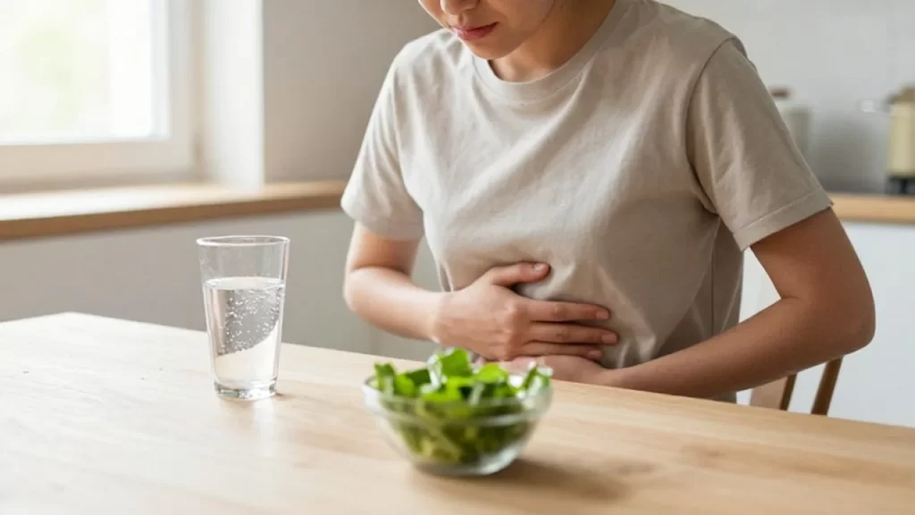 Persona joven sentada en una cocina luminosa con la mano en su abdomen y vegetales frescos.