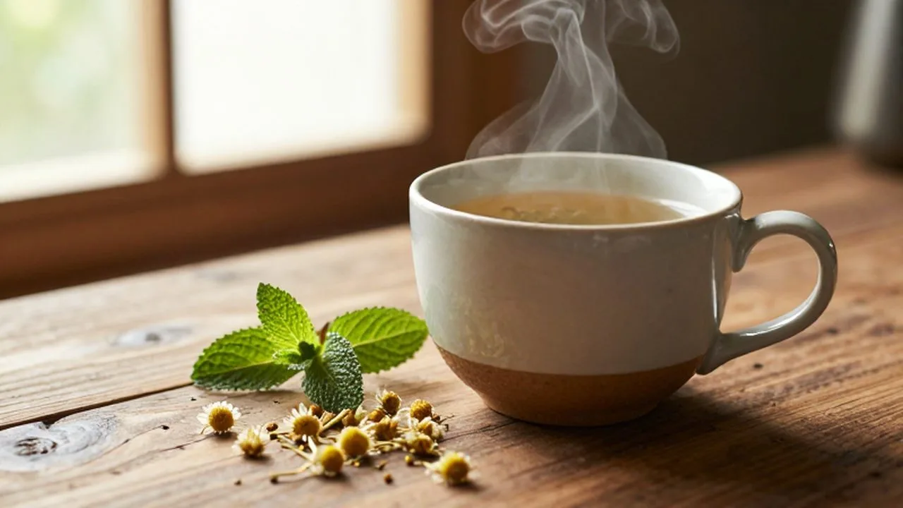 Taza de cerámica con infusión caliente rodeada de flores de manzanilla y menta sobre madera.