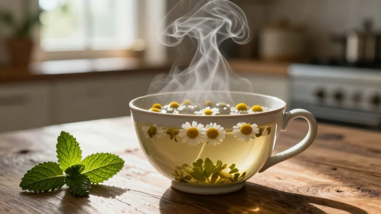 Taza de cerámica con infusión caliente de manzanilla y menta sobre una mesa de madera.
