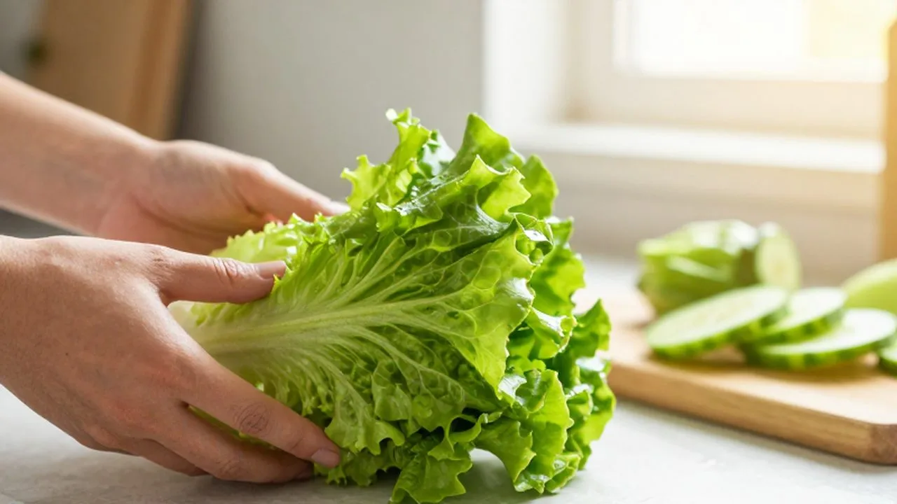 Manos inspeccionando una lechuga fresca y brillante sobre una tabla de madera con vegetales.