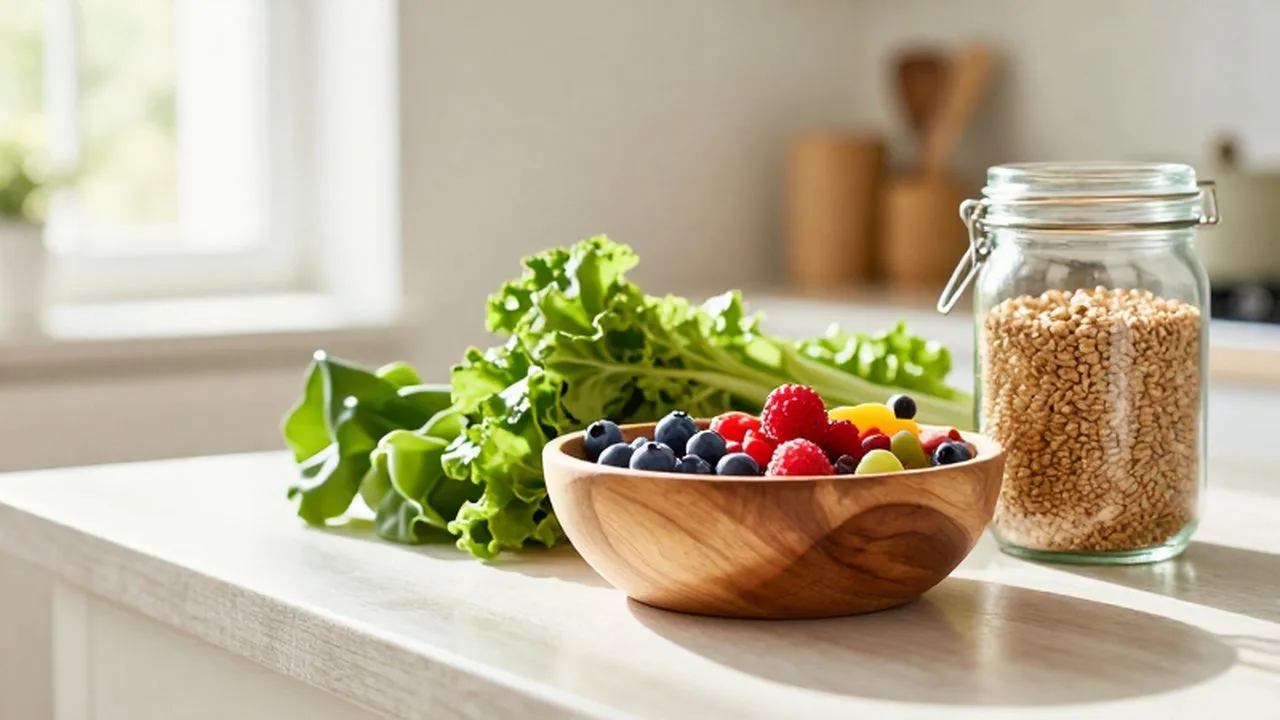 Verduras frescas, frutos rojos y granos orgánicos en un mostrador de madera iluminado por el sol.
