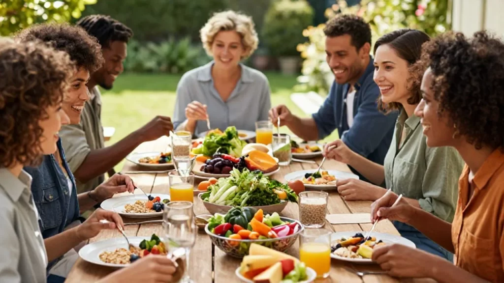 Grupo de personas sonrientes compartiendo un brunch saludable con frutas y verduras en un jardín soleado.