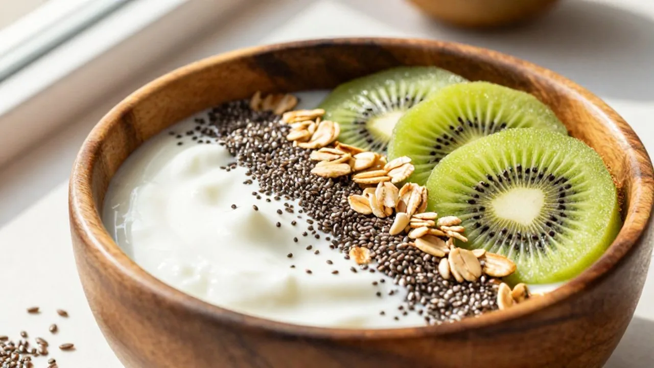 Bol de madera con yogur cremoso, rodajas de kiwi, semillas de chía y avena tostada.
