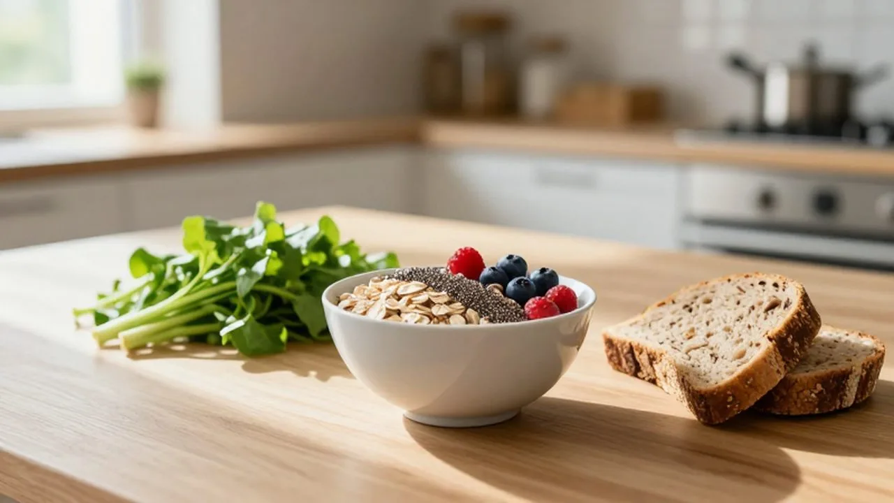 Desayuno saludable con avena, semillas de chía, bayas, vegetales frescos y pan integral sobre madera.